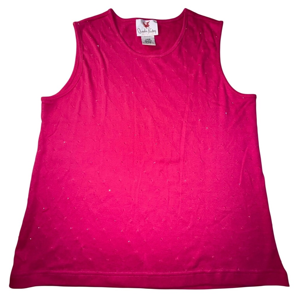 Quacker Factory Pink Beaded Tank Top Sleeveless Cotton Shell Large